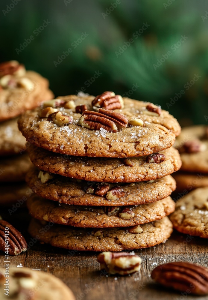 Delicious stacks of freshly baked cookies with pecans and sea salt on a rustic wooden table, perfect for holiday gatherings and dessert recipes Delicious stacks of freshly baked cookies with pecans and sea salt on a rustic wooden table, perfect for holiday gatherings and dessert recipes
