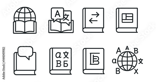 Language learning icons set – dictionary, translation, alphabet, speech, text, globe