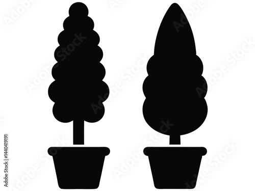 Potted plant with cypress tree silhouette, Cypress tree silhouette potted. vector illustration