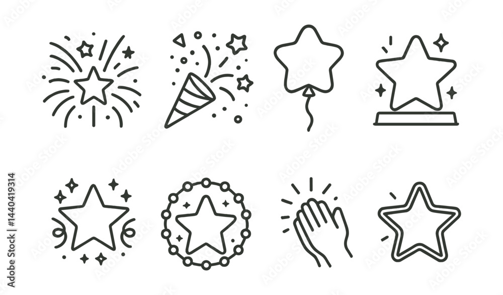Fototapeta premium Celebration icons set – fireworks, confetti, balloon, trophy, applause, stars