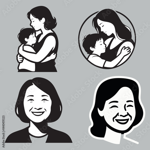 Simple black and white illustrations of mothers and children, showcasing love and connection.