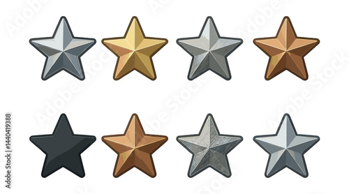 Star rating icons set - gold, silver, bronze, black, metallic, shiny, glossy, rank, award, achievement