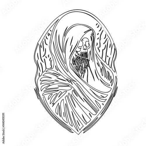 Intricate linework depicting cloaked skull within an ornamental border illustration