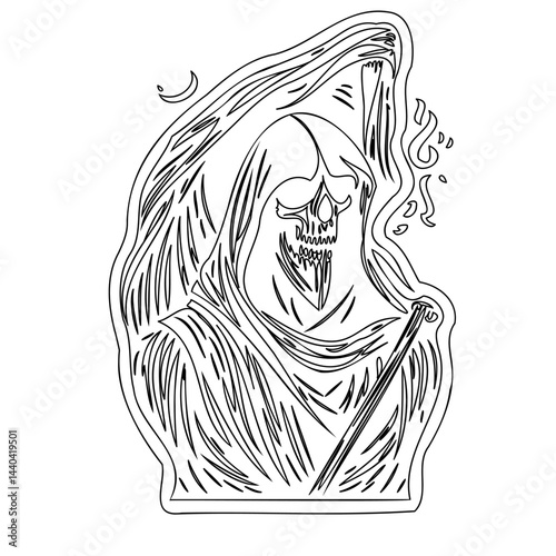 Monochrome Illustration of Hooded Figure with Skull-like Face and Symbolic Accessories