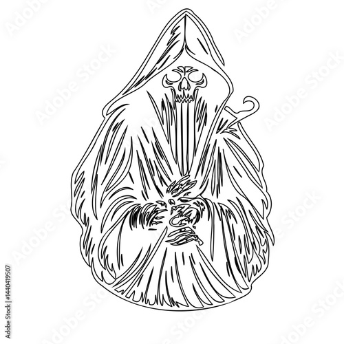 Eerie monochrome spectral figure illustration with draped fabric and boney details