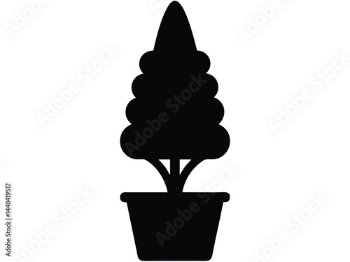 Potted plant with cypress tree silhouette, Cypress tree silhouette potted. vector illustration