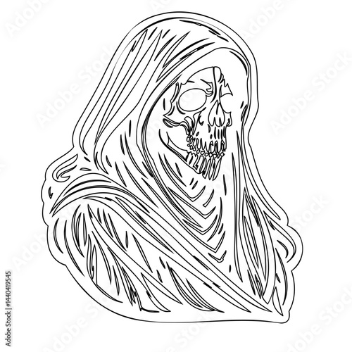 Stylized Grim Reaper Illustration Featuring Skeletal Details and Flowing Lines