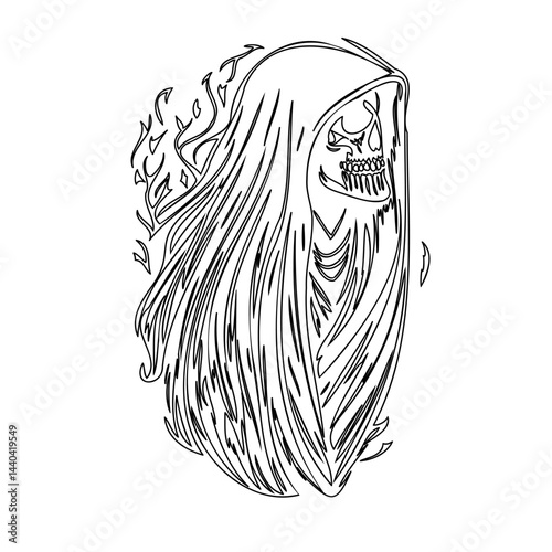 Grim reaper illustration in simple outline style evoking death and mystery