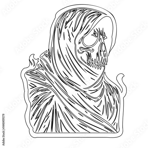 Monochrome depiction of skeletal figure draped in hooded shroud symbolism