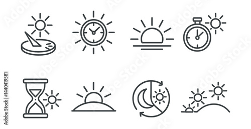 Time concept icons set – sundial, clock, sunset, stopwatch, hourglass, sunrise, moon phases
