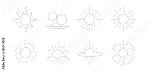 Sun and weather icons set – sun, solar, rays, sunrise, sunset, clouds, night, stars
