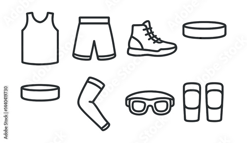 Sportswear and accessories icons set – tank top, shorts, sneakers, wristbands, arm sleeve, goggles, slippers