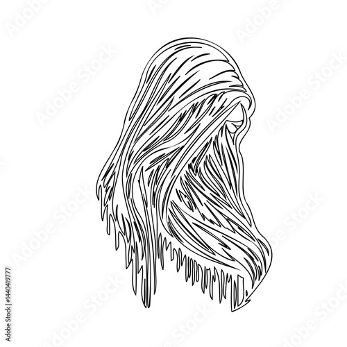 Elegant monochrome line art illustration of flowing hair cascade design