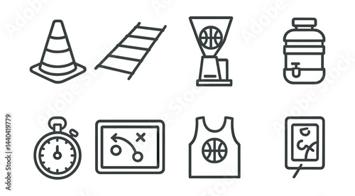 Basketball training essentials icons set – cone, ladder, basketball, stopwatch, whiteboard