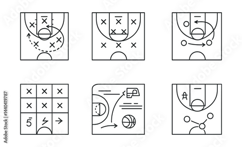 Basketball tactics icons set – plays, strategies, court diagrams, drills, offense, defense