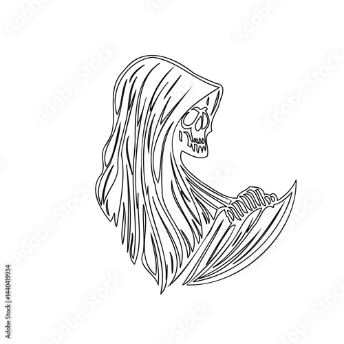 Monochrome depiction of a skeletal figure wielding a blade, shrouded in mystery