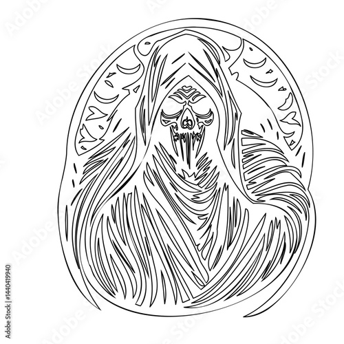 Intricate spectral figure with stylized flowing robes in monochrome outline