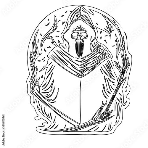 Ethereal figure with stylized skeletal face cloaked in flowing fabric and foliage