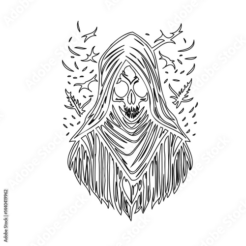Line art of a cloaked skull figure surrounded by bat-like elements in monochrome