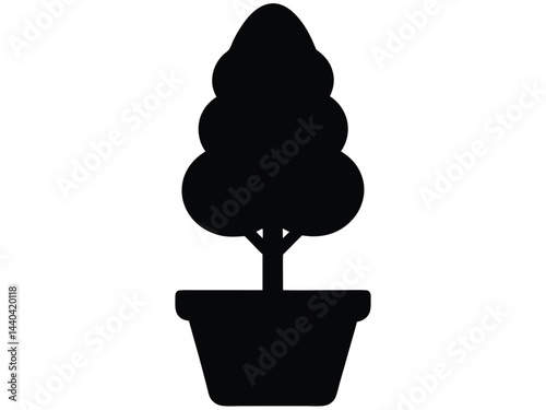 Potted plant with cypress tree silhouette, Cypress tree silhouette potted. vector illustration