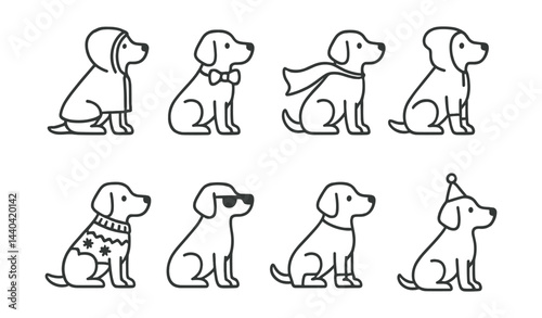 Adorable dog costume icons set – hoodie, bowtie, scarf, sweater, sunglasses, party hat