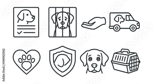Animal adoption icons set – dog, rescue, shelter, care, paw, transport, protection