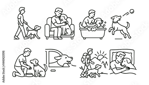 Dog care activities icons set – walking, grooming, bathing, playing, feeding, traveling, cuddling
