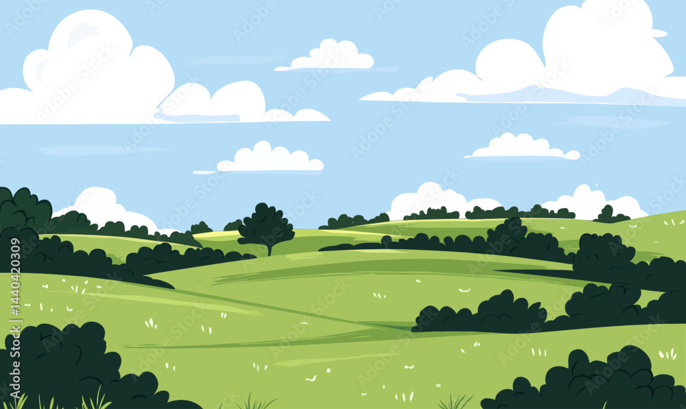 Fototapeta premium Whimsical Minimalist Green Field with Trees and Clouds in Cartoony SVG Style