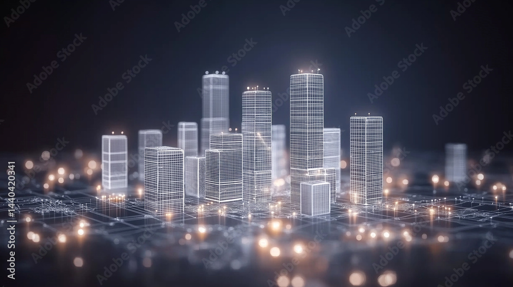 Obraz premium Cityscape Blueprint: A futuristic and mesmerizing digital rendering of a cityscape blueprint, where architecture meets technology. Capturing the essence of innovation and progress.