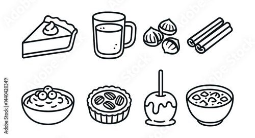 Dessert and beverage icons set – pie, coffee, nuts, cinnamon, porridge, tart, candy apple
