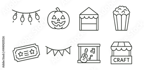 Festival celebration icons set – lights, pumpkin, booth, popcorn, ticket, banner, stage, craft