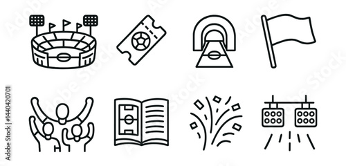 Sports event icons set – stadium, ticket, goal, flag, fans, book, fireworks, spotlights