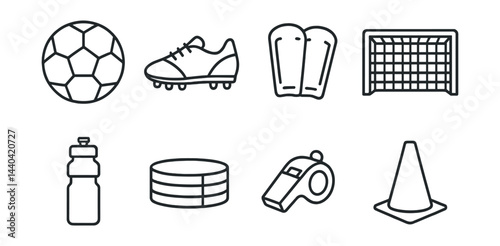 Essential soccer icons set – ball, cleats, shin guards, goal, water bottle, whistle, cone, field