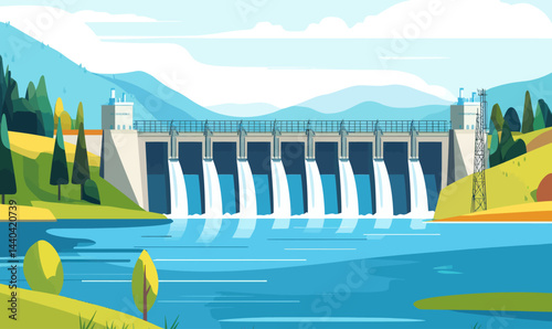 Hydroelectric Dam and River Landscape Vector for Sustainable Energy Concepts