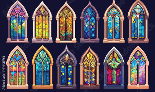 Colorful Stained Glass Window Set in Gothic Church Style for Religious Design Concepts