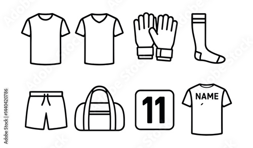 Soccer apparel icons set – jersey, shirt, gloves, socks, shorts, bag, number, custom