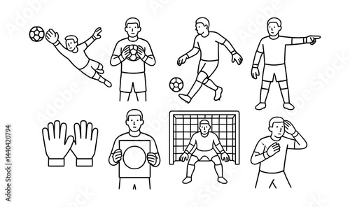 Soccer goalkeeper icons set – save, catch, gloves, goal, defense, dive, pointing, holding, shielding