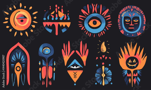 Acid Neo-Tribal Abstract Ethnic Shapes in Gothic Style Vector Art for Cyber Sigilism Designs