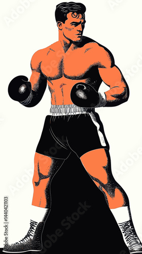 Vintage Boxer Illustration in Classic Athletic Pose with Retro Style Gloves