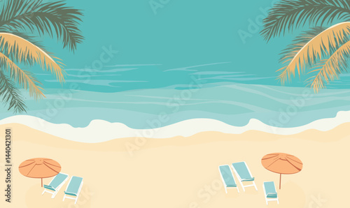 Tranquil Tropical Beach Vector with Palm Trees, Turquoise Waters, and Sun Loungers