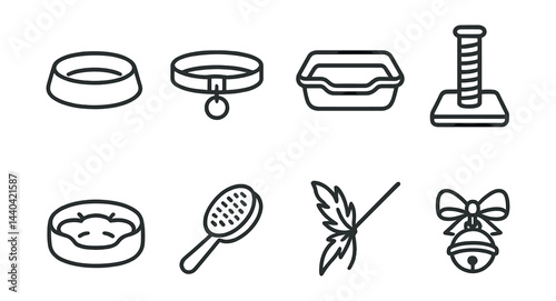 Pet accessories icons set – bowl, collar, litter box, scratcher, bed, brush, catnip, toy bell