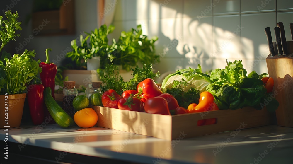 A beautifully styled kitchen counter displaying fresh vegetables ready for cooking and healthy meal preparation