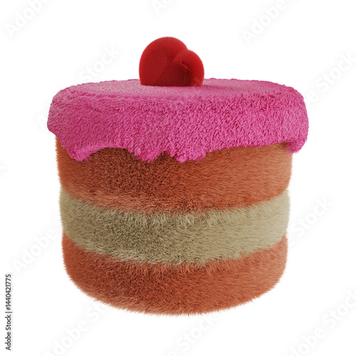 A cake with a pink frosting and a red heart on top. The cake is made of fur and has a pink