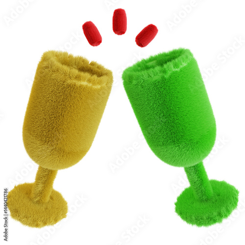 Two fuzzy green and yellow glasses with red dots on top. The glasses are raised in a toast