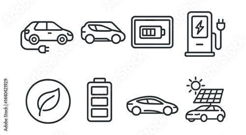 Electric vehicle icons set – ev, battery, charging, eco, solar, plug, electric car, sustainability, green tech