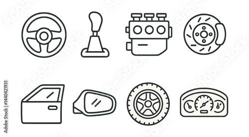 Automotive components icons set – steering, gearshift, engine, brake, window, mirror, tire, speedometer