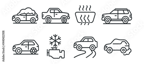 Winter automotive icons set – snow, tires, heating, cooling, traction, exhaust