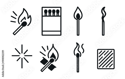 Matchstick icons set – flame, fire, spark, box, strike, burn, ignite, light, heat, smoke