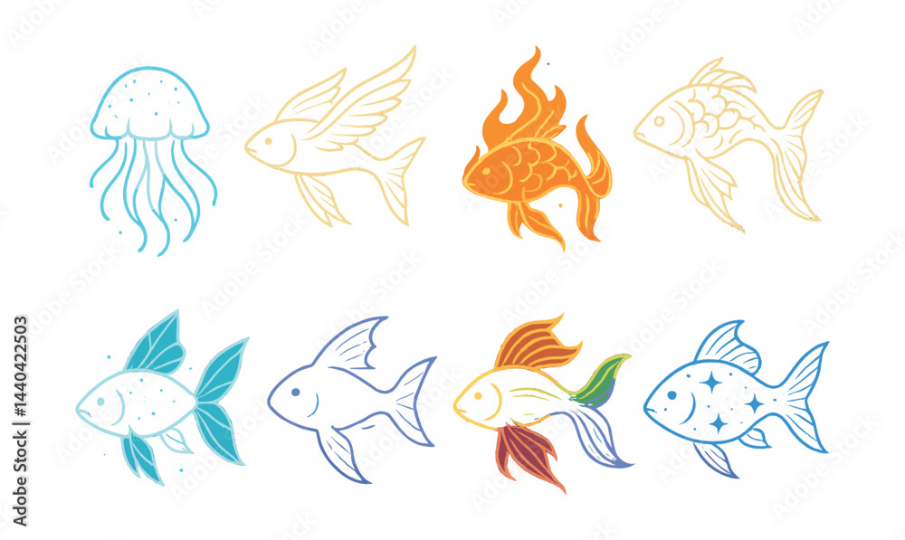 Naklejka premium Aquatic life icons set – jellyfish, flying fish, fiery fish, goldfish