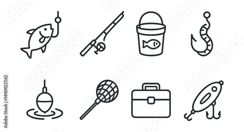 Fishing equipment icons set – rod, fish, bucket, hook, bait, float, net, tackle box, lure
